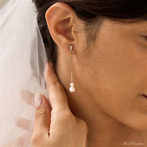 Sterling Silver Pearl Drop Earrings With Diamond Dainty Freshwater