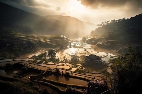 Premium Photo A Sunset Over Rice Terraces In The Mountains