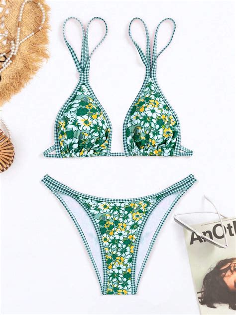 SHEIN Swim Bikini Floral Con Estampado Aleatorio Con Nudos Y Descubierto En La Espalda Ideal
