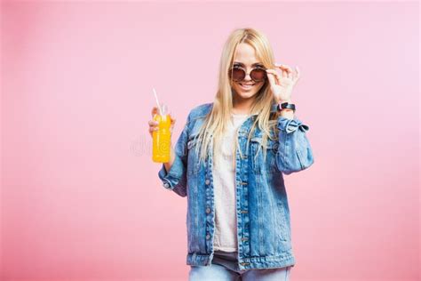 Beautiful Blonde Woman Drink Orange Juice Stock Photo Image Of Fruit Orange