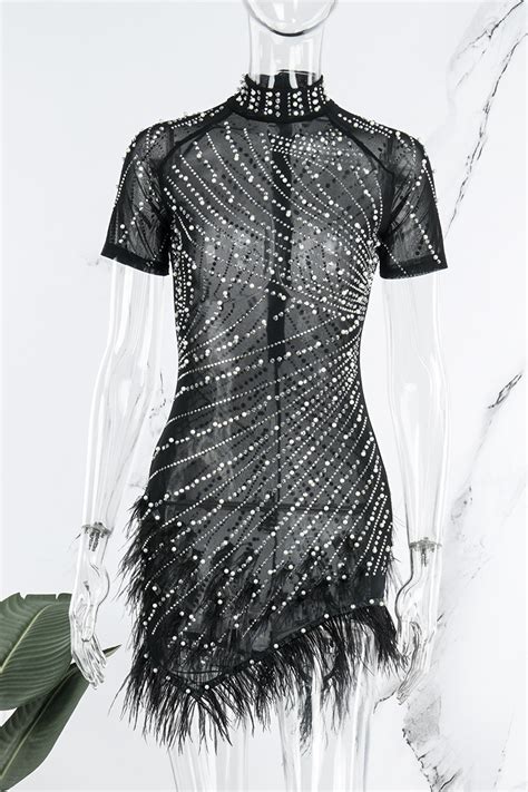 Wholesale Pink Sexy Patchwork Hot Drilling Tassel Beading Turtleneck Short Sleeve Dress Dresses