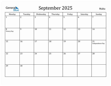 September 2025 - Malta Monthly Calendar with Holidays