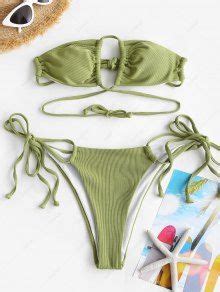 ZAFUL Ribbed Strappy Convertible String Bikini Swimwear In LIGHT GREEN