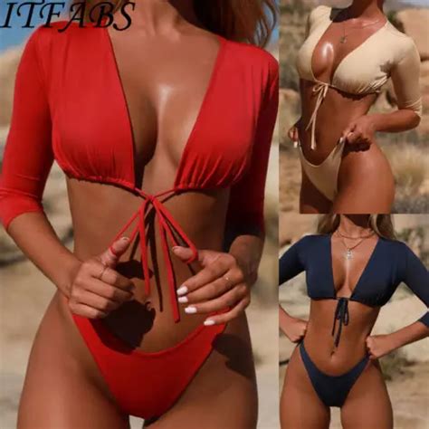 New Design Women Solid Swimwear Half Sleeve Bikini Set High Waist Bathing Suit Push Up Padded