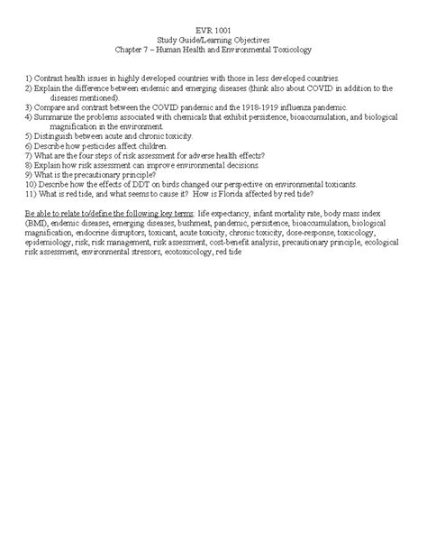 EVR 1001 Study Guide: Chapter 7 - Human Health & Environmental