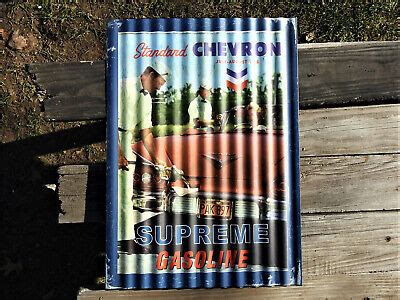 Chevron Supreme Gasoline Corrugated Tin Metal Sign Gas Station