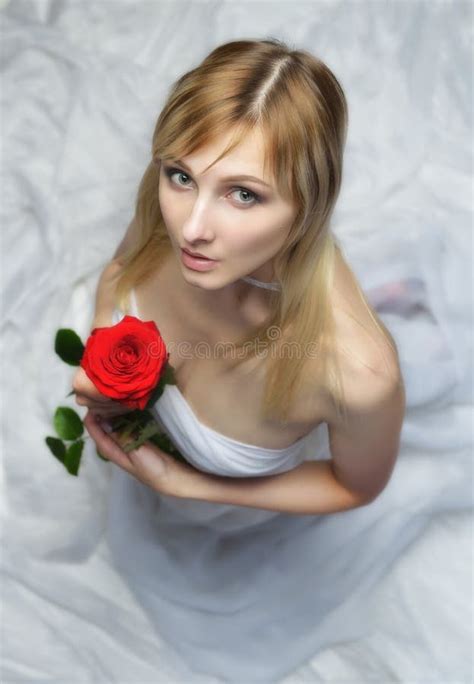 Beautiful Blonde Woman With Red Rose Stock Photo Image Of Cute Shoulders