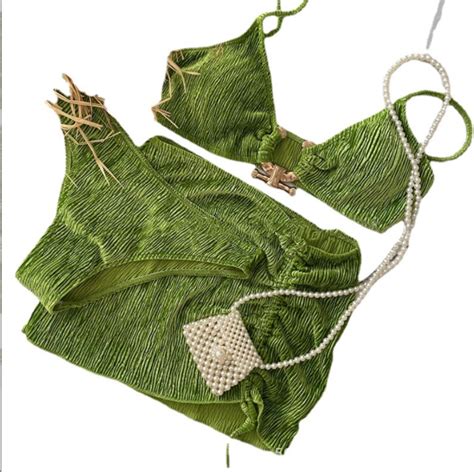 Three Piece Set Of Soft Green Velvet Bikini On Luulla