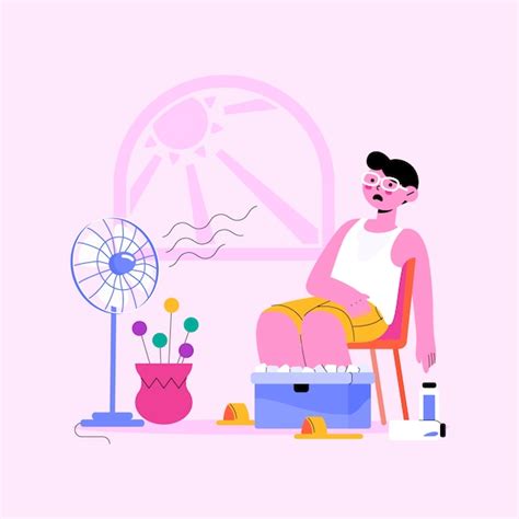 vector flat summer heat illustration  person  front  fan