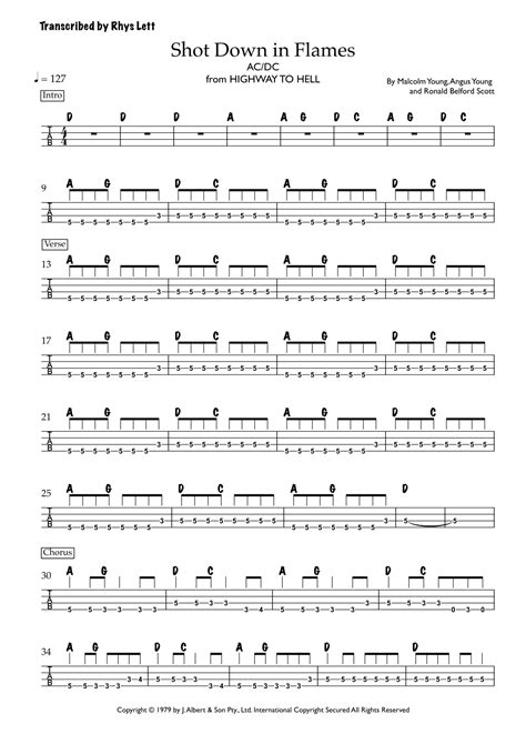 Shot Down In Flames Arr Rhys Lett By AC DC Sheet Music For Bass