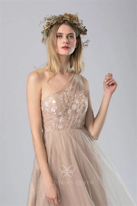 One Shoulder Floral Lace Nude Tulle Overlay Bridesmaid Dress Vq