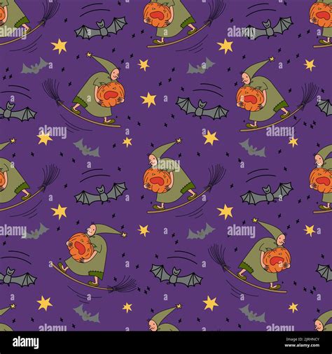 Witches Flying On A Broomstick Seamless Pattern With Witches And Bats