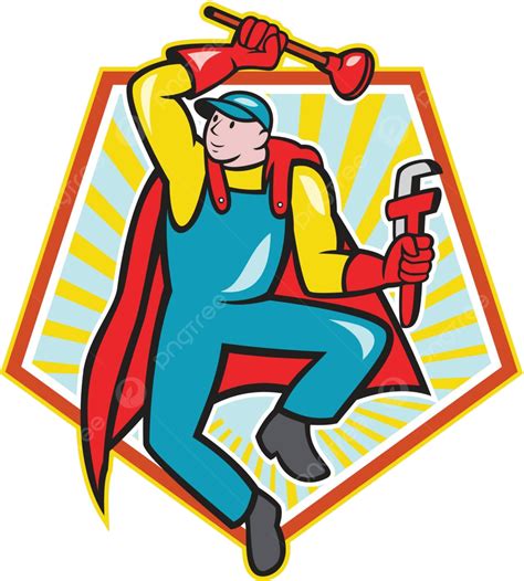 Super Plumber Plunger Wrench Cartoon Repairman Plumber Tool Vector