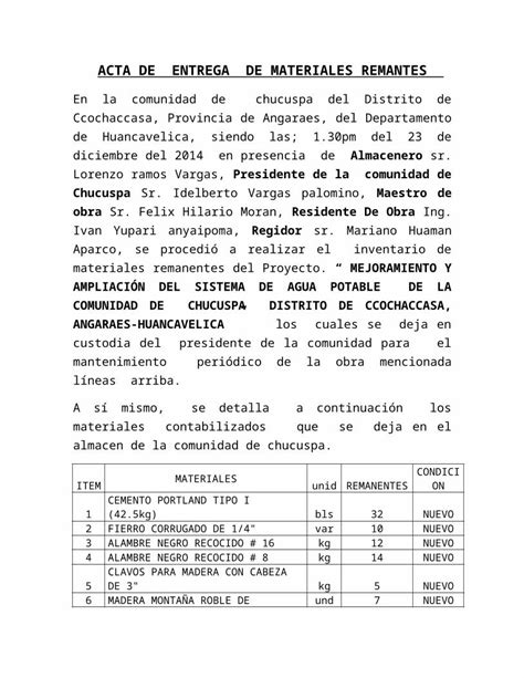 DOCX ACTA DE ENTREGA DE MATERIALES REMANTES Docx DOKUMEN TIPS