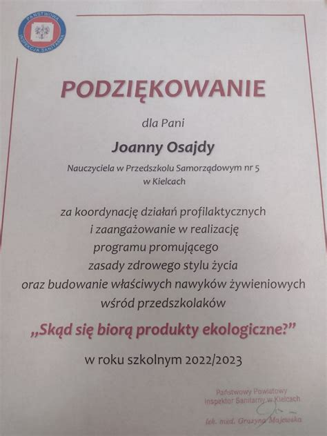 Podziękowanie za udział w projekcie edukacyjnym Przedszkole