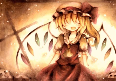 Blonde Hair Flandre Scarlet Hat Jpeg Artifacts Polychromatic Touhou Vampire Wings Wiriam