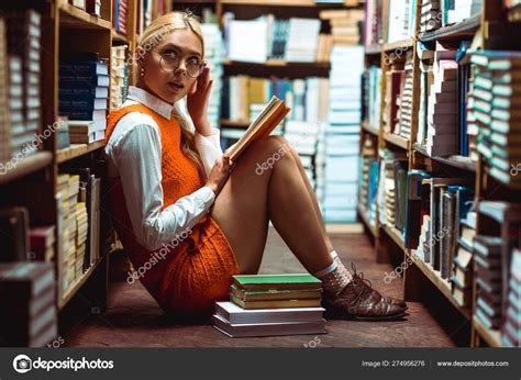 Beautiful Blonde Woman Glasses Holding Book Sitting Floor Library Stock Photo HayDmitriy
