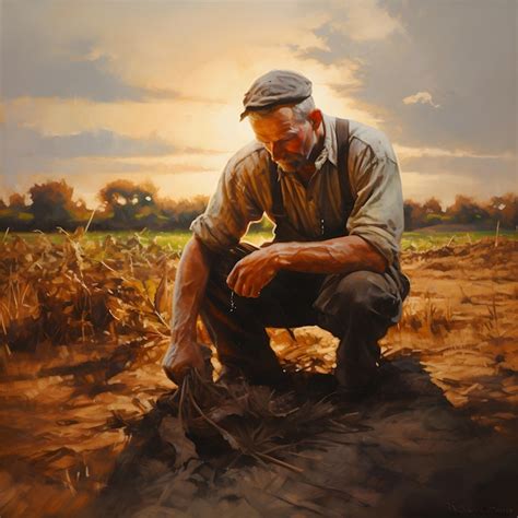 Premium Ai Image A Weathered Farmer Tending To His Sunlit Field Oil