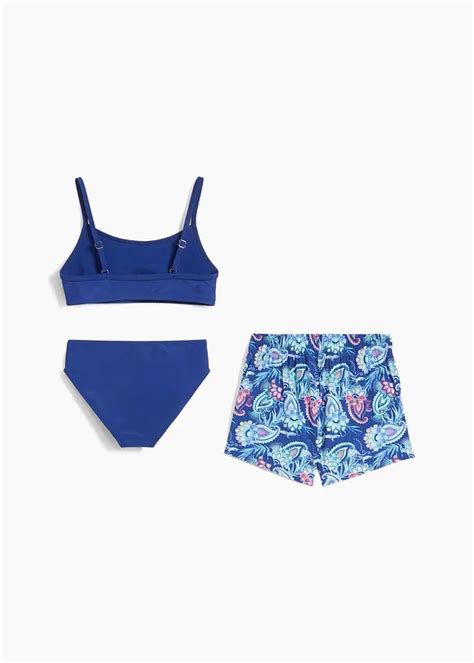 Leuke Bikini Met Een Bijpassende Zwemshort Donkerblauw Gedessineerd