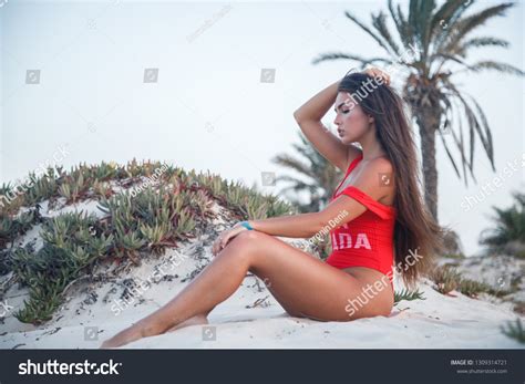 Lovely Sexy Brunette Girl Swimsuit Posing Stock Photo