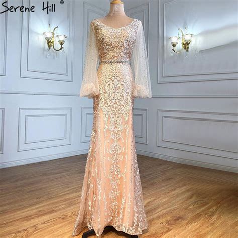 Serene Hill Muslim Champagne Luxury Evening Dresses Gowns 2023 Mermaid Elegant Beaded For Women