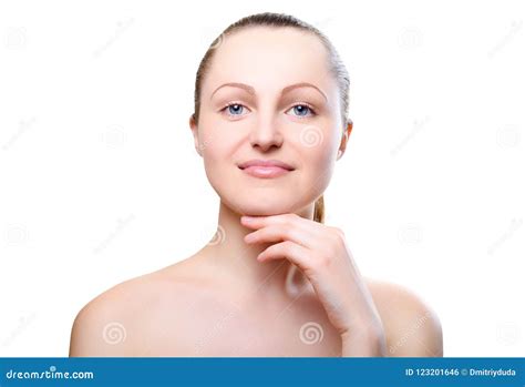 Portrait Of Girl With Nude Make Up With Hands On Chin Stock Photo