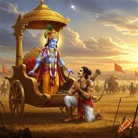 lord krishna stands  soldiers   chariot   sunlit