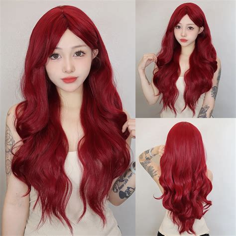 Red Long Curly Synthetic Wigs With Bangs For Women Red Burgundy Natural Wave Wig Cosplay Party