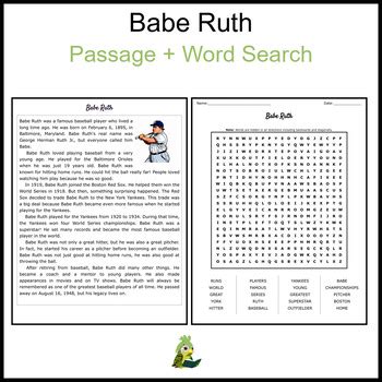 Babe Ruth Reading Comprehension And Word Search By Kakapo Reading Passages