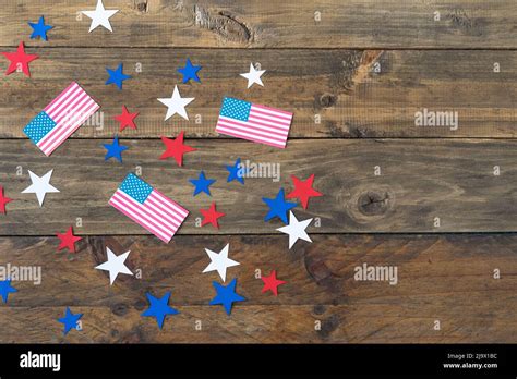 Wooden Background With Red And Blue White Stars And Usa Flags
