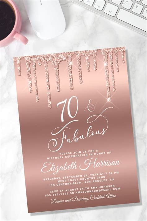 Rose Gold Glitter 70th Birthday Party Invitation 70th Birthday Parties