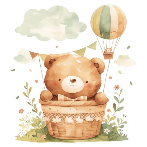 Cute Teddy Bear In A Hot Air Balloon For Nursery Watercolor Illustrataion Premium AI Generated