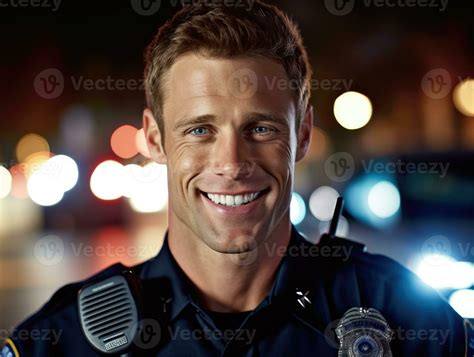 A Close Up Shot Of A Smiling Caucasian Male Police Officer Standing Confidently With A Police