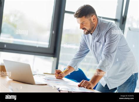 Delighted Brunette Looking At His Project Stock Photo Alamy