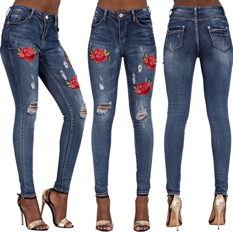 Womens Ladies Sexy High Waist Skinny Ripped Jeans Blue Stretch Denim