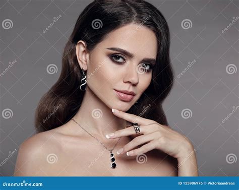 High Fashion Brunette Model Woman In Diamond Jewellery Set Isol Stock