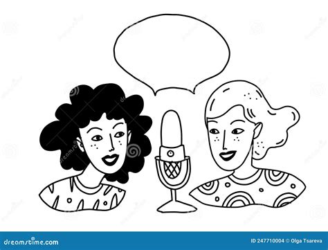 Two Women Speak Into A Microphone Young Girls Talk And Broadcast Stock