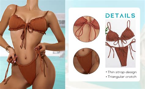 Amazon Lilosy Sexy Ribbed Ruffle G String Tie Triangle Thong Bikini Swimsuit Set Women High