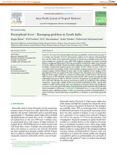 (PDF) Paratyphoid fever– Emerging problem in South India | ragini bekur ...