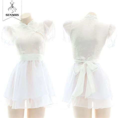SENMHS Chiffon Splicing Estilo Chinês Empregada Cheongsam Pijamas Roupas Eróticas Lingerie Sexy