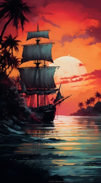 Premium Photo | Sunset painting with sailboat