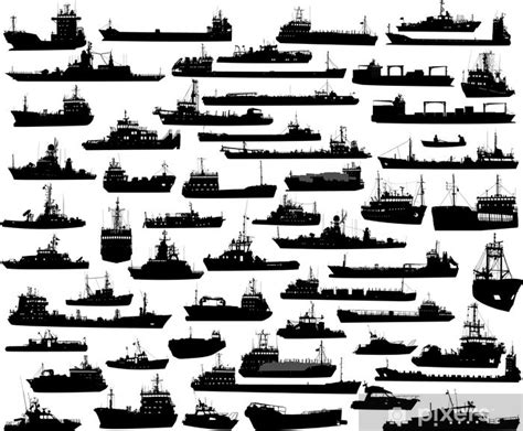 Fotomural Vector Conjunto De 60 Siluetas De Remolcador Mar Y Los Barcos