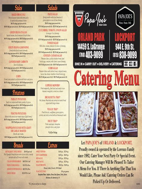 Papa Joe S Italian Restaurant Lockport Catering Prices