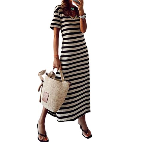 Women Causal T Shirt Dress Short Sleeve Striped Slit Bodycon Midi Dress The Warehouse