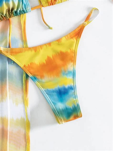 Vigorashely Sexy Print Halter 3PCS Sleeveless Dress Bikini Set Women Swimsuit High Cut Thong