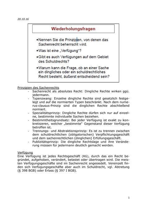 Zusammenfassung Sachenrecht 20 10 Prinzipien Des Sachenrechts