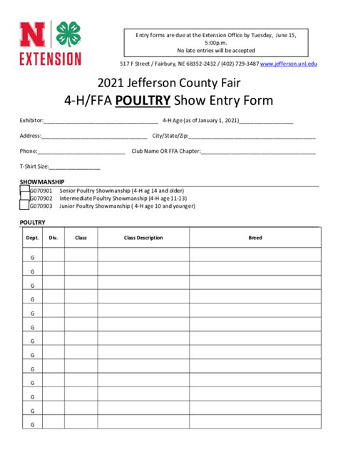 Fillable Online Extension Unl 4 H FFA POULTRY Show Entry Form Fax Email