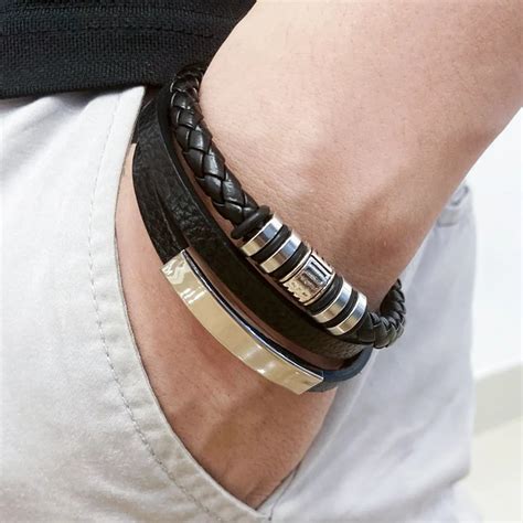 Trendy Leather Bracelets For Men Stainless Steel Bracelet 21CM