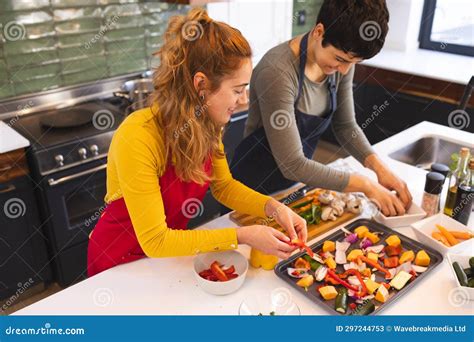 Happy Biracial Lesbian Couple Cooking Seasoning Chopped Vegetables In Kitchen At Home Stock