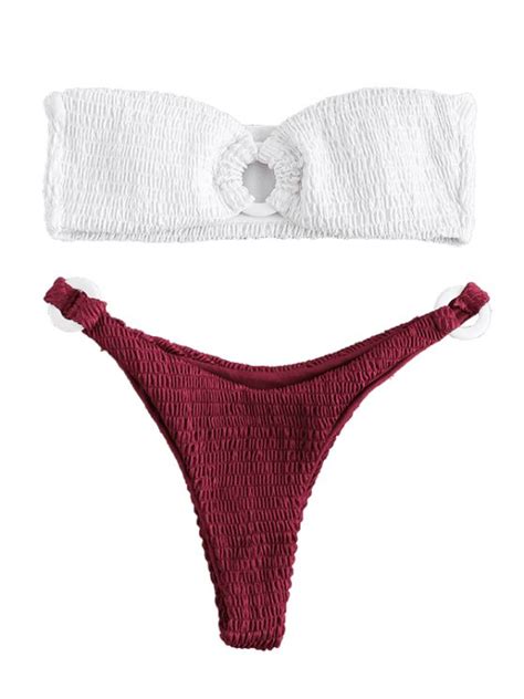 Zaful Color Block Smocked Bandeau Bikini Set Red Wine M Bikinis